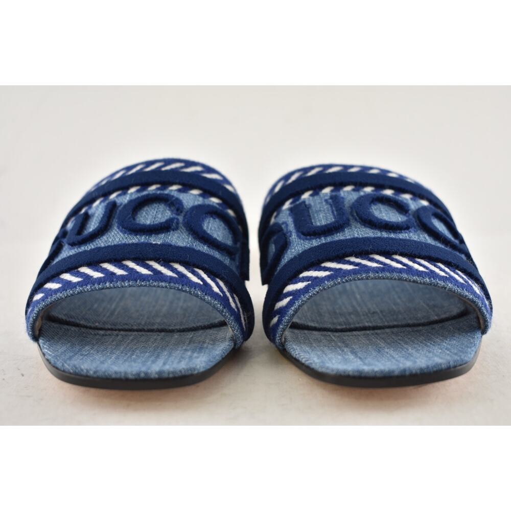 Gucci Jane Light Blue Denim Velvet Logo Mule Flat Slide Slip On Sandal 37 - Picture 10 of 16